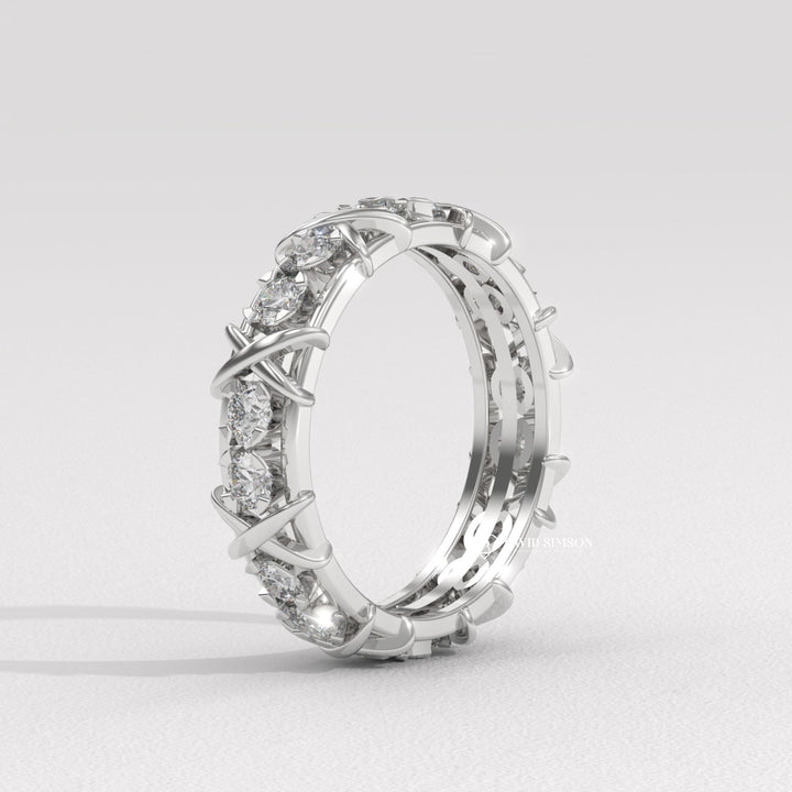 4.0mm Round Cut Moissanite Diamond Cross Style Wedding Band