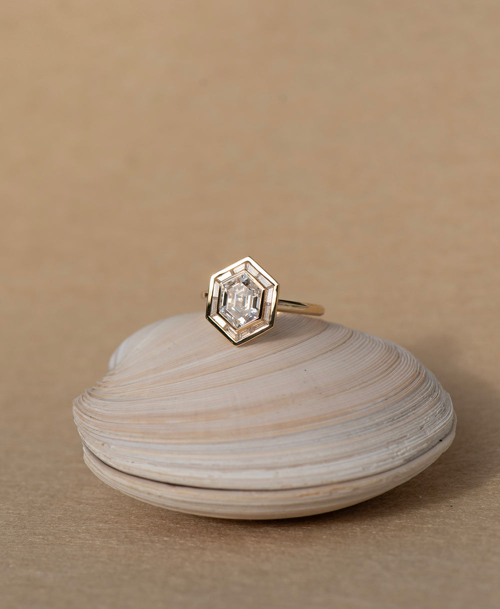 Step Cut Halo RingHexagon Diamond JewelryHidden Halo HexagonLab Diamond HexagonMoissanite Halo RingUnique Diamond Shape