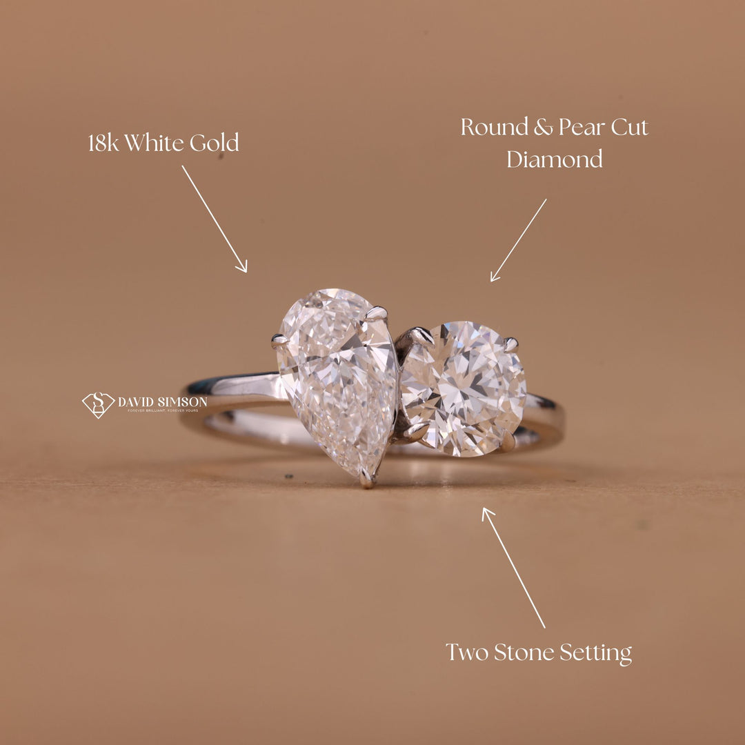 Alternative Engagement Ring, Teardrop and Round Ring, Radiant Bridal Set, Statement Ring, Double Stone Ring, Personalized Jewelry, White Gold Moissanite Ring