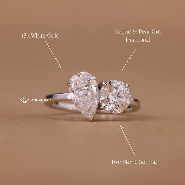 Alternative Engagement Ring, Teardrop and Round Ring, Radiant Bridal Set, Statement Ring, Double Stone Ring, Personalized Jewelry, White Gold Moissanite Ring