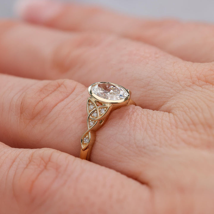 Vintage Celtic, Modern Bezel, Knot Design Band, Teardrop Oval, Anniversary Gift, Wedding Jewelry, Elegant Moissanite, 
