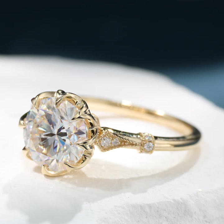 Antique Style, Round Cut Ring, Lab Grown Moissanite, Filigree Detail, Edwardian Style, Unique Engagement Ring