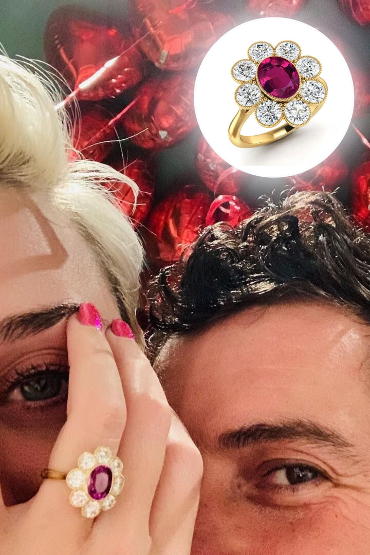 2.0CT Ruby Oval Diamond Floral Halo Katy Perry Engagement Ring