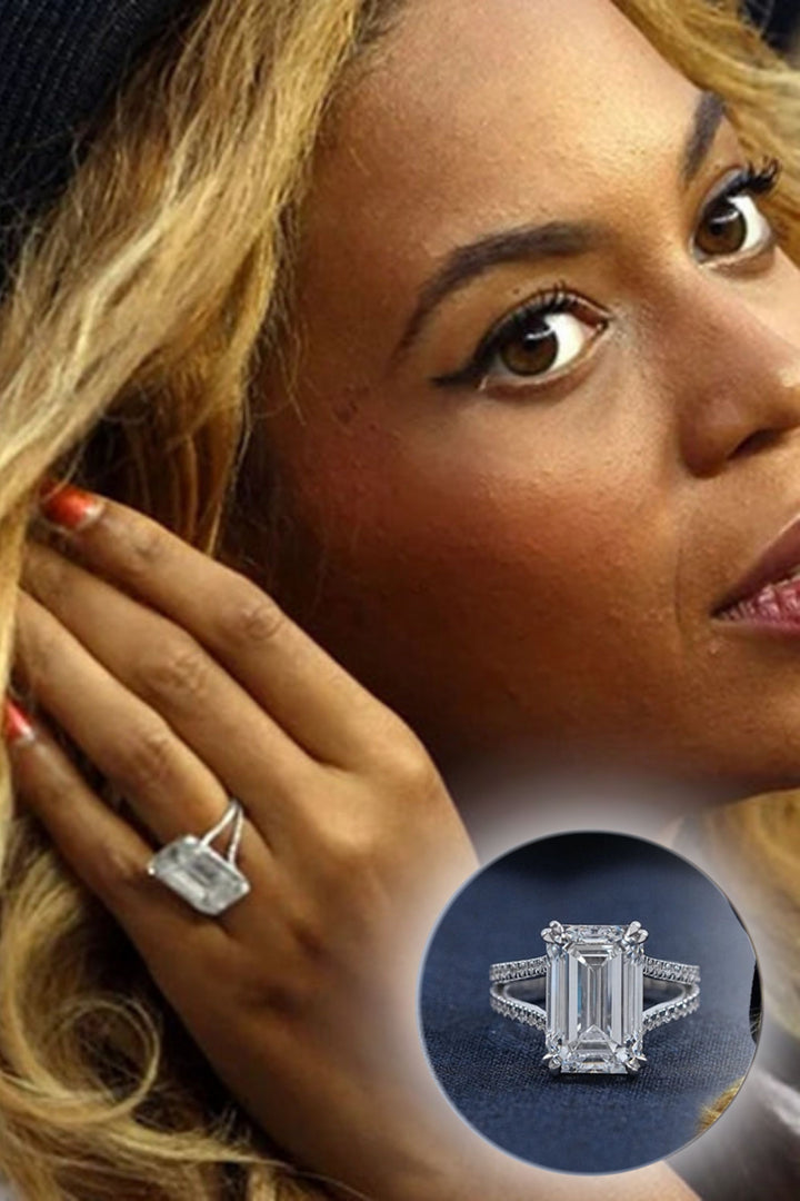 3.0CT Emerald Cut Halo Split Shank Diamond Beyoncé Engagement Ring