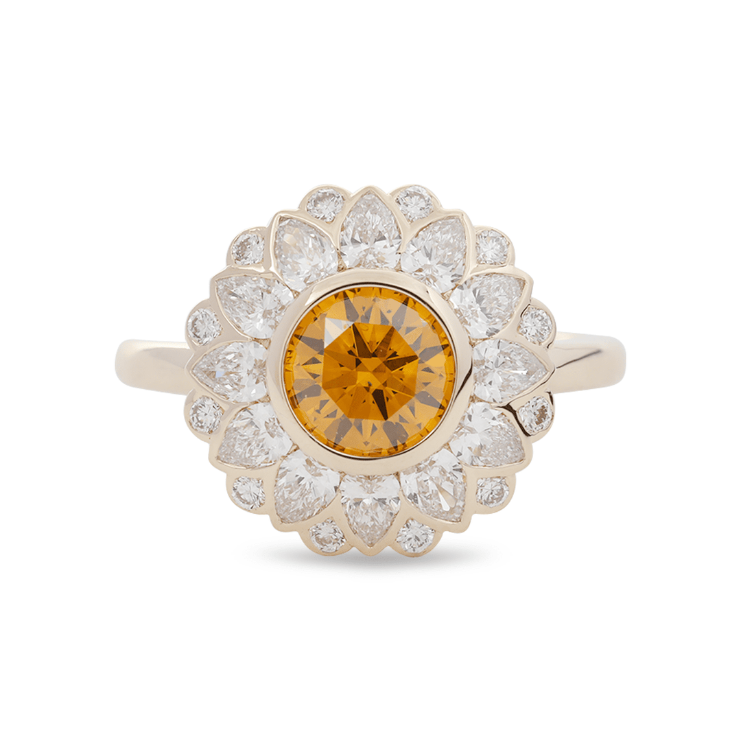 Unique Yellow Diamond JewelryRound Yellow Diamond SolitaireTwo Tone Sunflower RingBespoke Floral Engagement RingYellow Diamond Anniversary RingRomantic Sunflower JewelryEthical Yellow Lab DiamondGold Petal Diamond RingStatement Sunflower RingVivid Yellow Diamond Halo