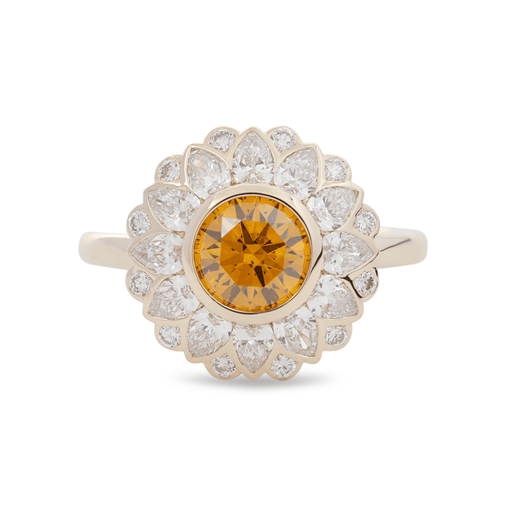 Unique Yellow Diamond JewelryRound Yellow Diamond SolitaireTwo Tone Sunflower RingBespoke Floral Engagement RingYellow Diamond Anniversary RingRomantic Sunflower JewelryEthical Yellow Lab DiamondGold Petal Diamond RingStatement Sunflower RingVivid Yellow Diamond Halo