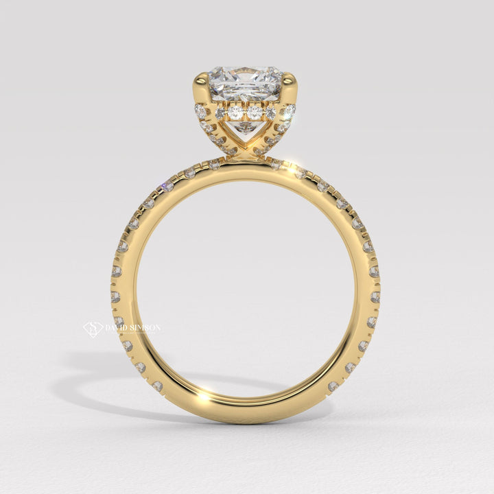 Princess cut hidden halo engagement ring, Custom hidden halo diamond rings, Hidden halo moissanite engagement rings, Vintage hidden halo rings in yellow gold, 