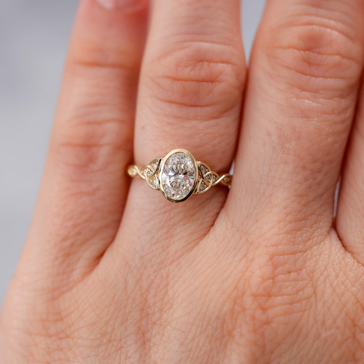 Bezel Oval Cut, Oval Moissanite, Celtic Knot Ring, Engagement Ring, 1.5 Carat Moissanite, 2 Carat Moissanite,