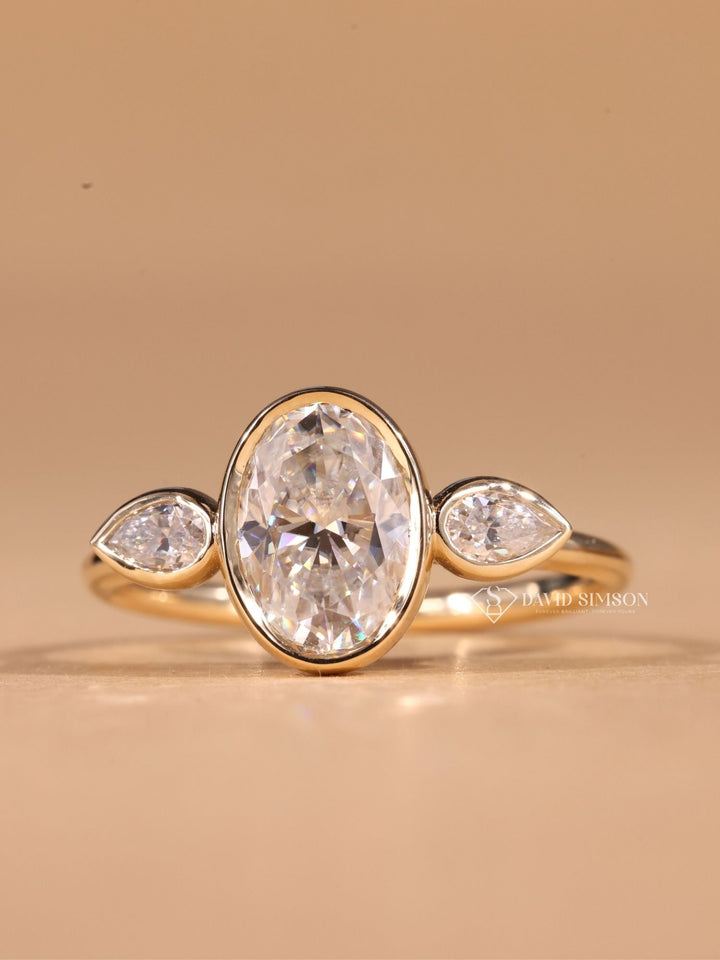 Bezel Set Moissanite, Oval Cut Moissanite, Three Stone Engagement Ring, Oval Three Stone Ring, Bezel Set Oval Ring