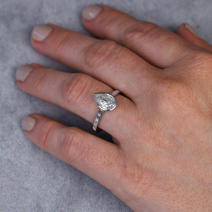 Pear Cut Moissanite, Bezel Set, Trellis Setting, Channel Set, Engagement Ring, 1.5 Carat Moissanite, 