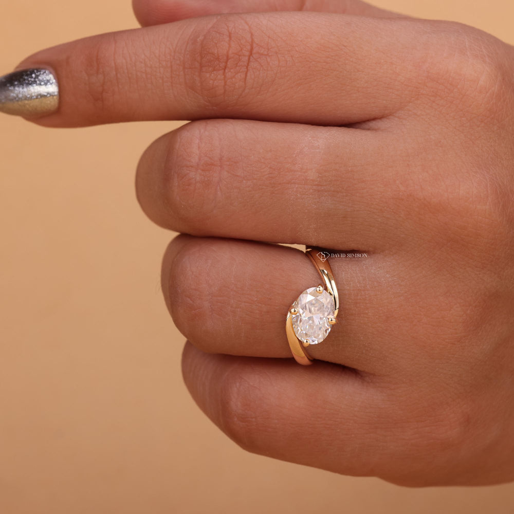 Bypass Solitaire, Swirl Engagement Ring, Diamond Alternative, Lab Grown Moissanite, 14K Gold Ring, 18K White Gold,