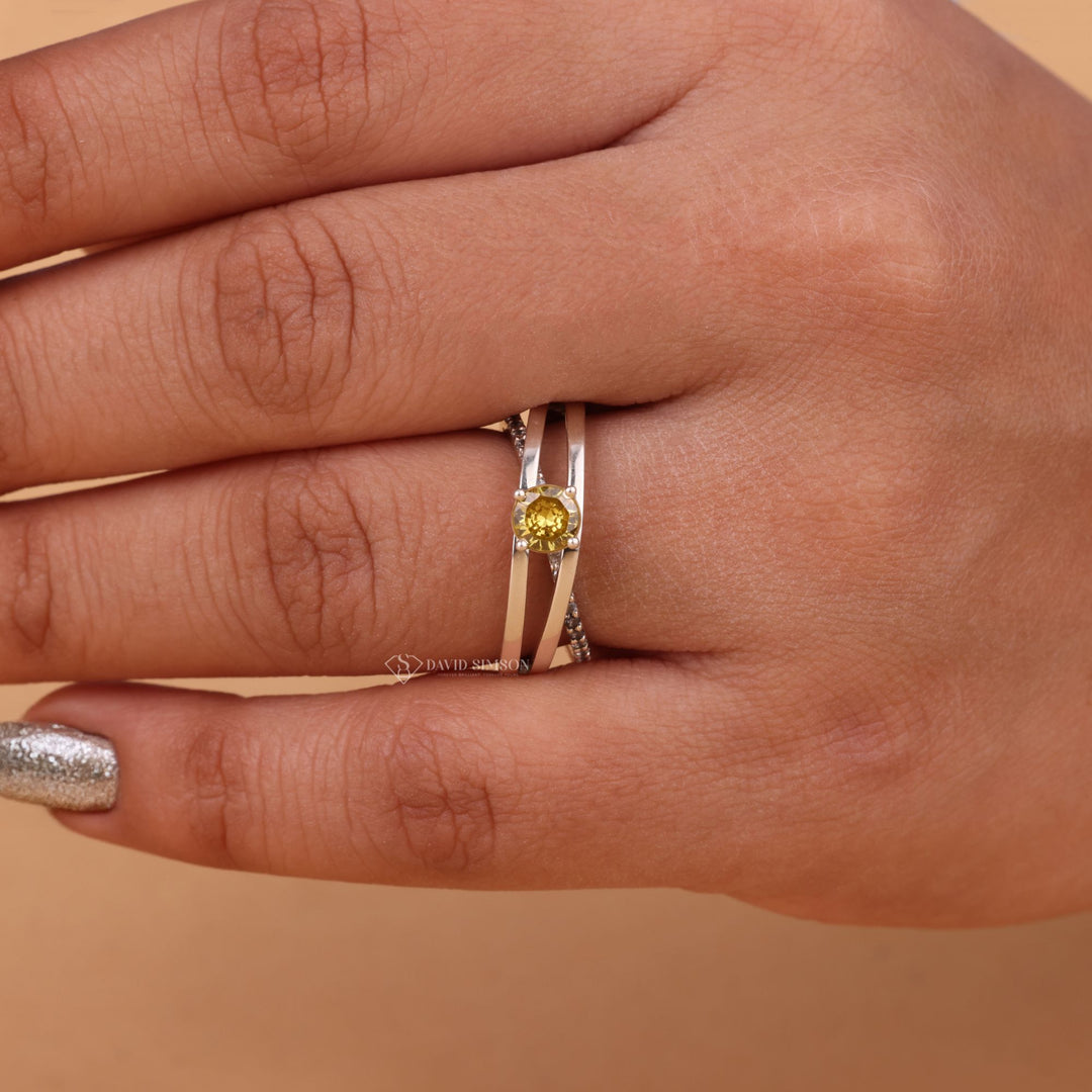 Canary Diamond Ring, Round Diamond Split Shank, Fancy Yellow Diamond, Double Band Ring,