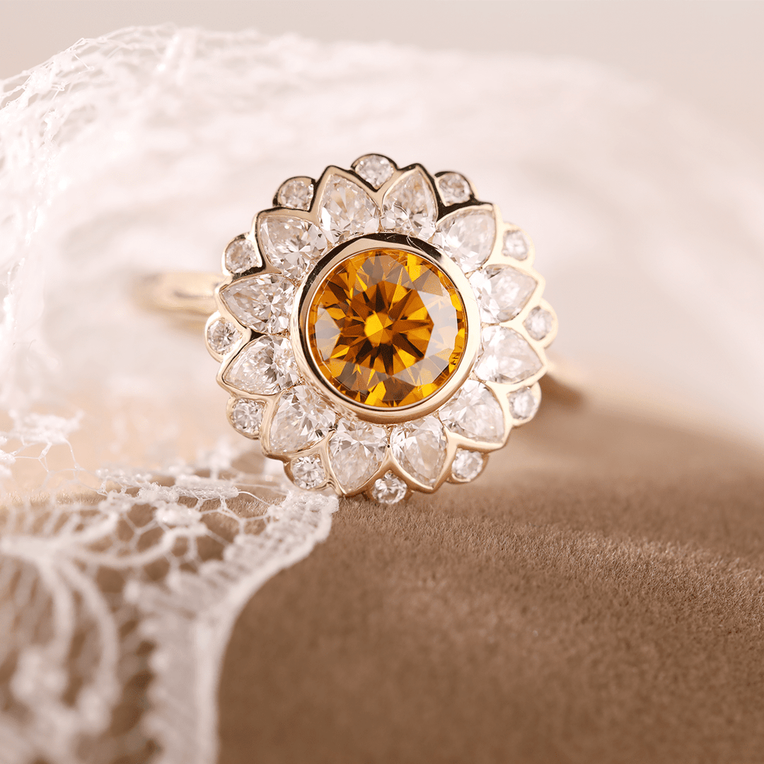 Floral Halo Engagement Ring1.5CT Yellow Diamond RingSunflower Diamond SolitaireYellow Diamond Petal Ring