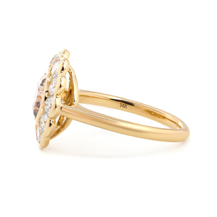 Round Diamond Halo
Large Brown Diamond
Alternative Bridal Ring
Flower Petal Ring
Warm Tone Diamond
