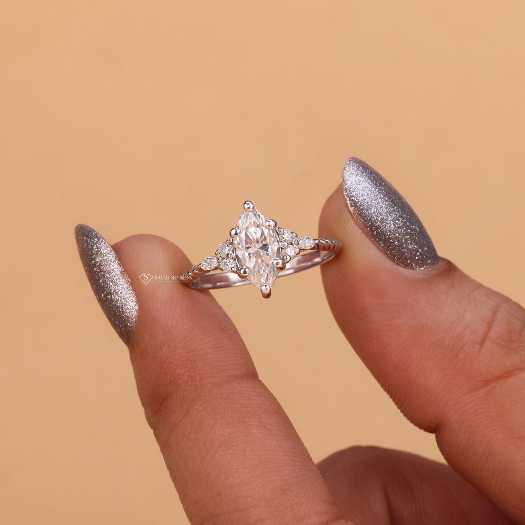 Marquise Cut Moissanite, Cluster Engagement Ring, Twisted Pave Band, Marquise Moissanite Ring, 