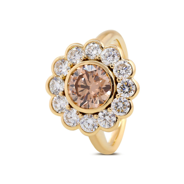 Warm Tone Diamond
Champagne Halo Ring
Round Brilliant Brown
Feminine Engagement Ring
2.5ct Diamond Ring
Fancy Color Diamond
Romantic Bridal Jewelry
