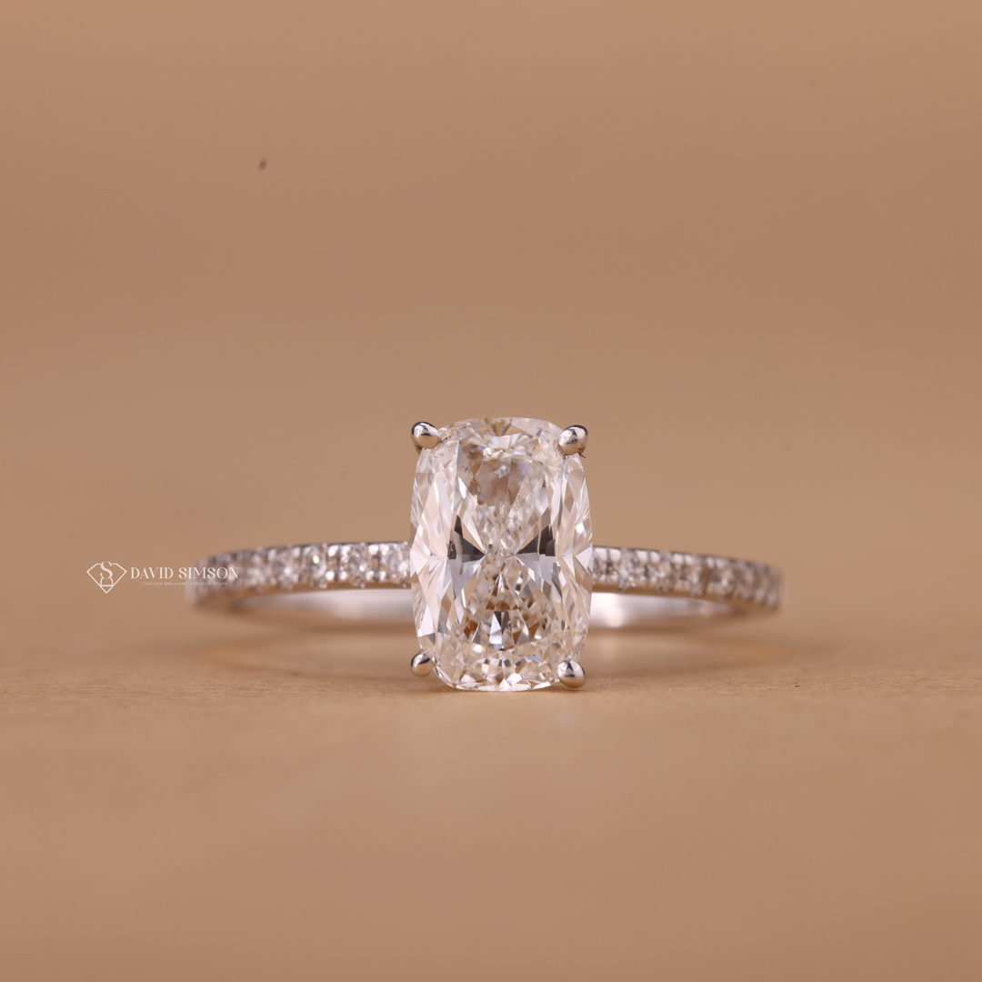 Crushed Ice Moissanite
Lab Grown Cushion Diamond
Thin Pave Engagement Ring
Radiant Style Cushion Ring