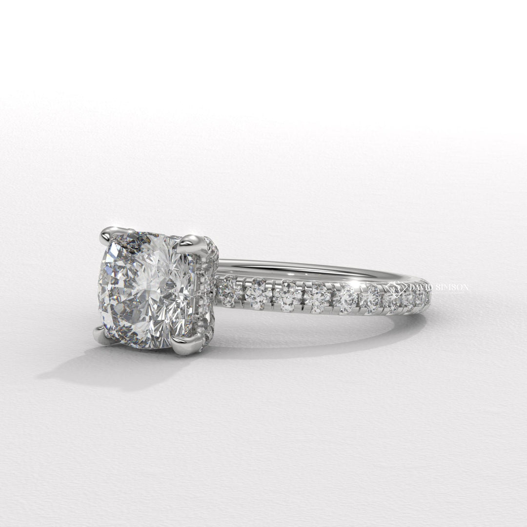 Cushion three-stone engagement ring, Cushion side stone engagement ring, Cushion cathedral engagement ring, Cushion bezel engagement ring, 