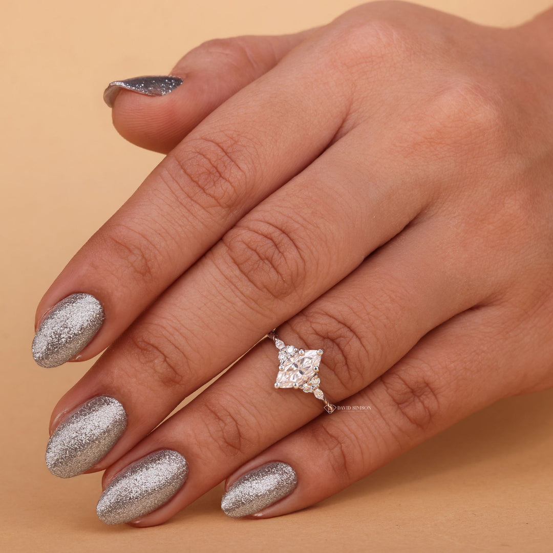 Marquise Diamond Alternative, 14K Gold Ring, 18K White Gold, D Color Moissanite, VVS1 Moissanite, Unique Engagement Ring, Boho Wedding Ring, Dainty Pave Band, Sparkling Cluster,