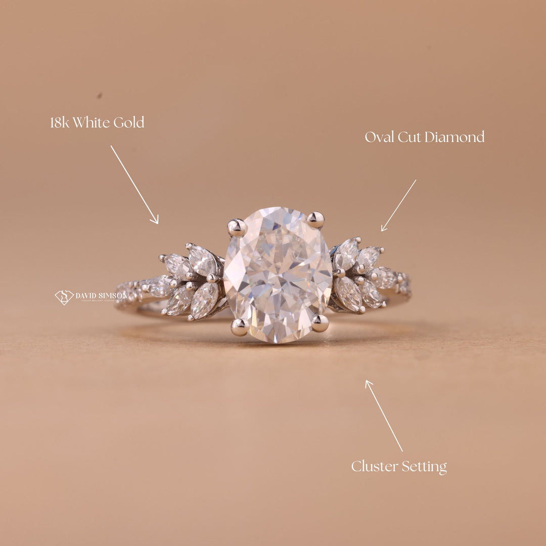 14K Gold Oval ClusterPlatinum Oval Cluster
D Color Oval Moissanite
VVS1 Moissanite Cluster
