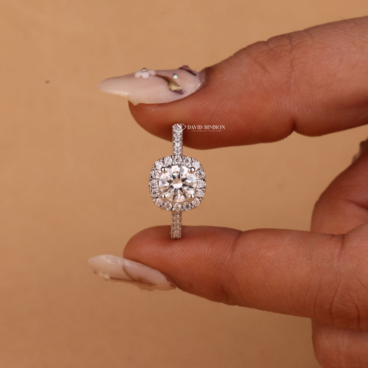 Dainty Halo Moissanite, Classic Halo Ring, Hidden Halo Engagement Ring, Round Shape Moissanite,