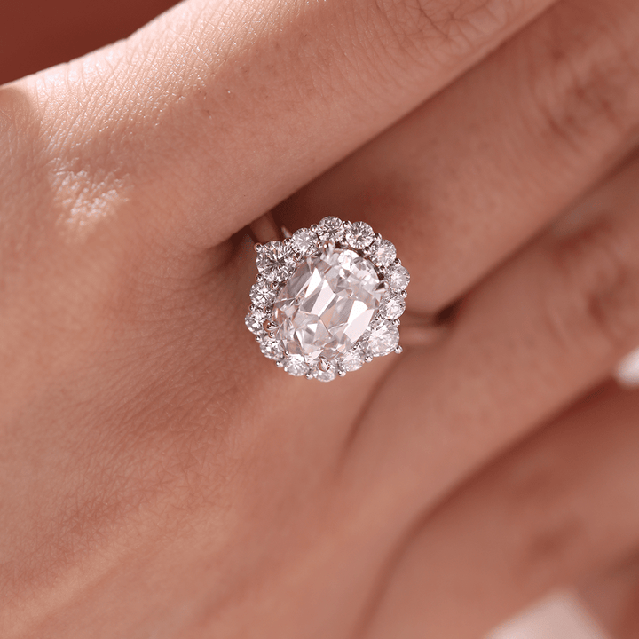 Claw Prong Cathedral SettingDeep Fire Antique DiamondStatement Halo EngagementCustom Elongated Diamond RingBespoke Antique JewelryMicro-Pave Diamond Halo