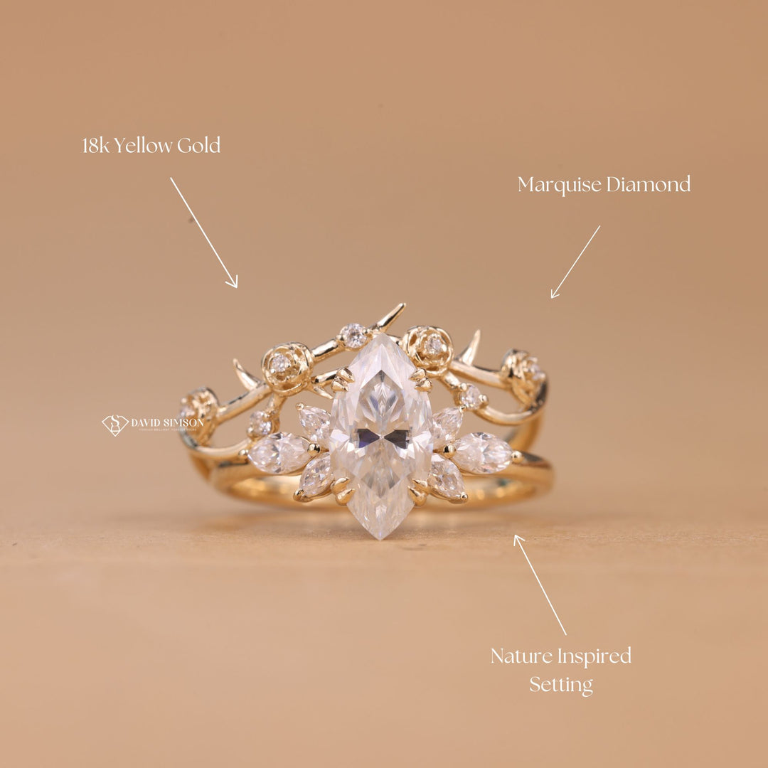 Nature-inspired, Marquise cluster, Leaf motif, Organic branch, Botanical, Floral.