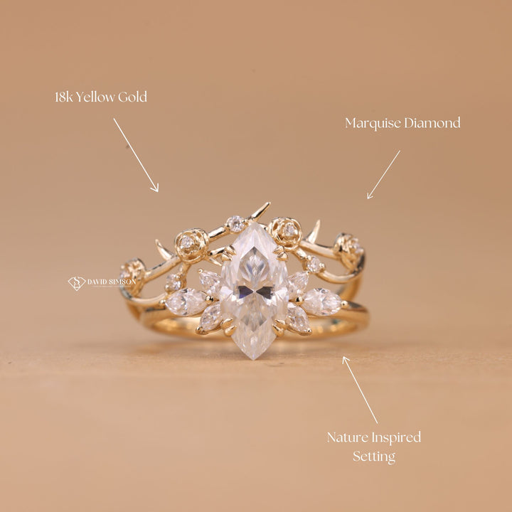Nature-inspired, Marquise cluster, Leaf motif, Organic branch, Botanical, Floral.