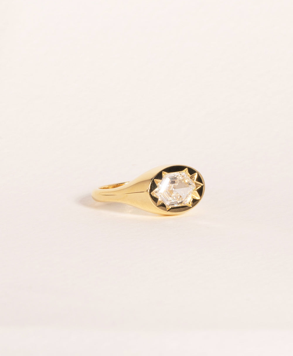Flush Set Diamond RingModern Signet StyleMen’s Hexagon RingWomen’s Diamond SignetHeavy Gold Diamond RingAlternative Bridal RingArchitectural Diamond Ring
