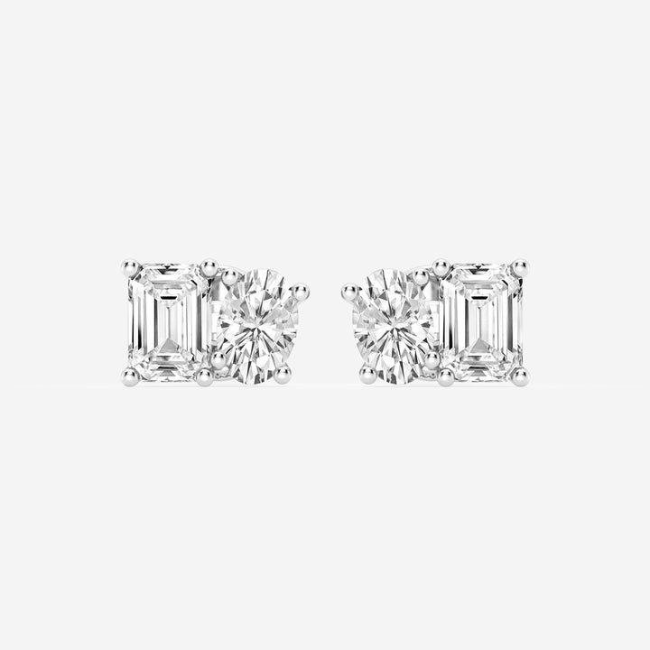 Emerald and Oval Cut FG-VS2 Lab Grown Diamond Two Stone Stud Earrings