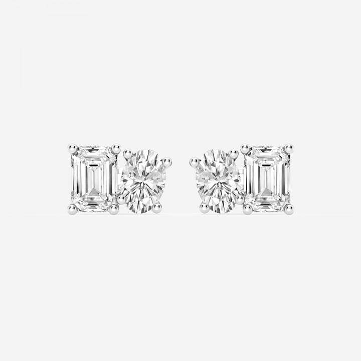 Emerald and Oval Cut FG-VS2 Lab Grown Diamond Two Stone Stud Earrings