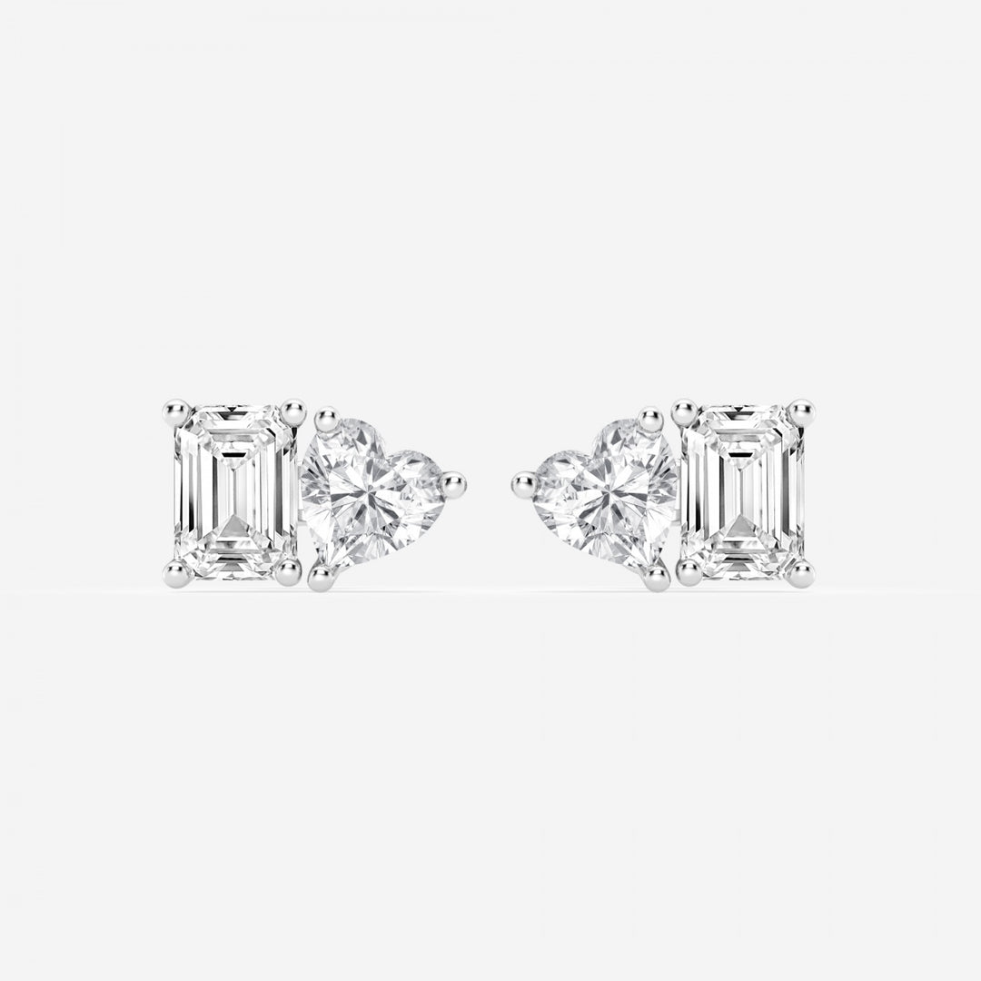 Emerald & Heart Cut FG-VS2 Lab Grown Diamond Two Stone Stud Earrings