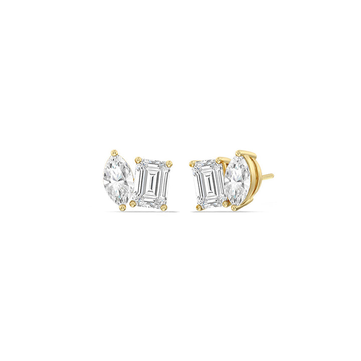 Marquise & Emerald Moissanite Two Stone Diamond Stud Earrings