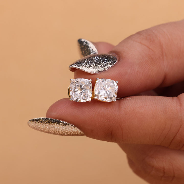 Cushion Cut Moissanite, Hidden Halo Studs, Cushion Moissanite Earrings, Diamond Alternative, 