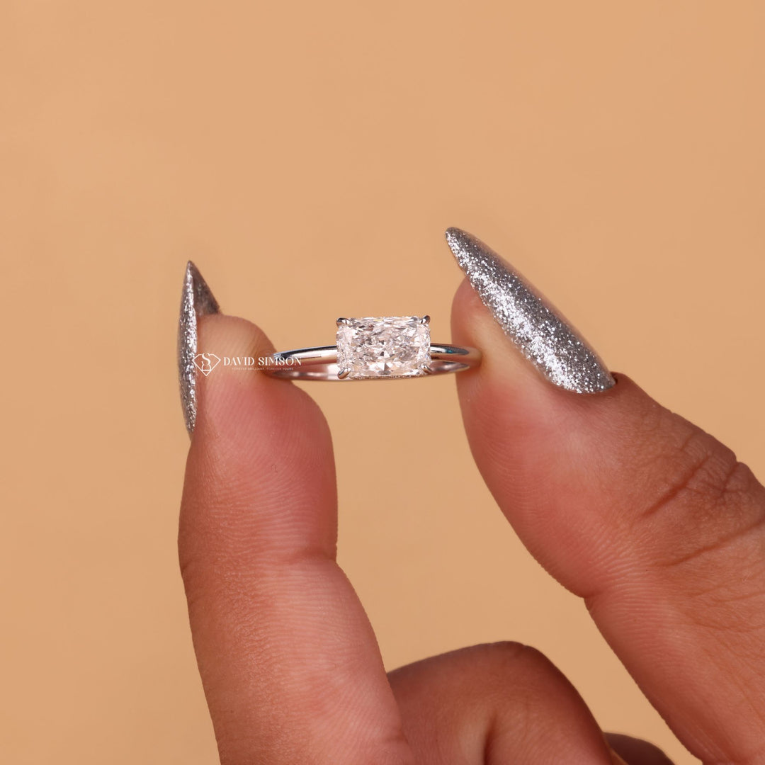 East West Radiant Cut, Radiant Cut Moissanite, Hidden Halo Ring, East West Setting, Horizontal Radiant Ring,
