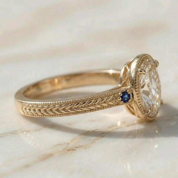 Eco Friendly Bridal
Gold Milgrain Ring
Platinum Oval Setting
Romantic Proposal Ring
