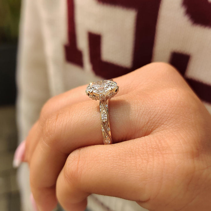 Lab Grown Moissanite
Victorian Style Ring
Intricate Filigree Band
Elongated Oval Ring
