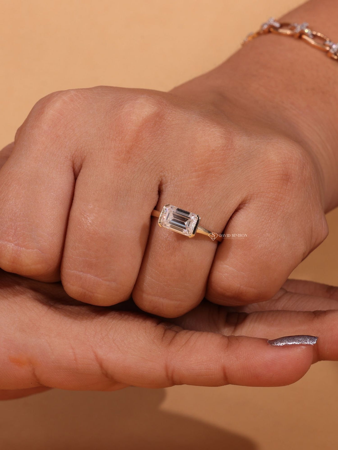 1.50CT-2.50CT East West Emerald Cut Moissanite Diamond Engagement Ring