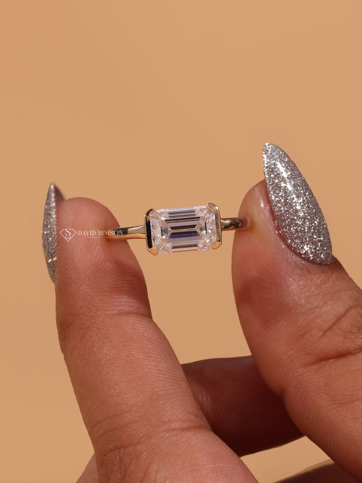 1.50CT-2.50CT East West Emerald Cut Moissanite Diamond Engagement Ring