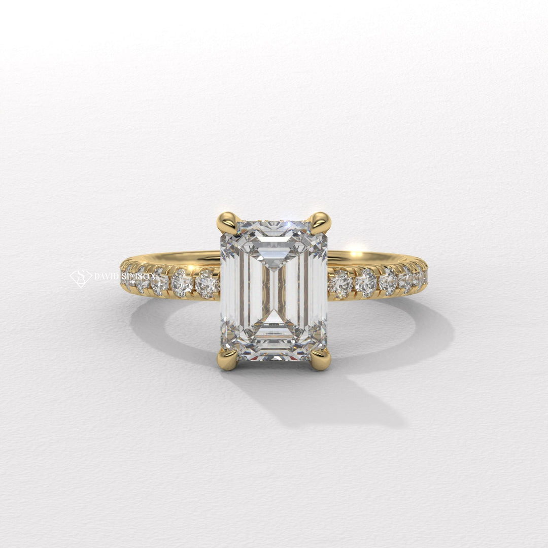 Emerald three-stone engagement ring, Emerald side stone engagement ring, Emerald cathedral engagement ring, Emerald bezel engagement ring, 