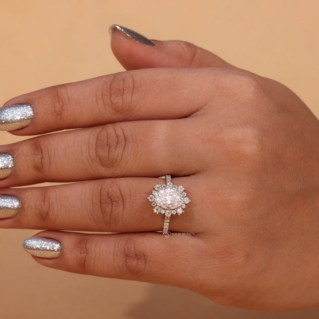 Oval Solitaire Halo
Conflict Free Ring
Eco Friendly Jewelry
Oval Moissanite Jewelry
Petal Halo Ring
Large Oval Moissanite
Proposal Ring for Her
