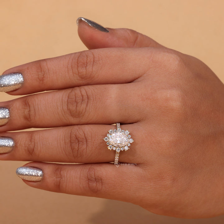 Oval Solitaire Halo
Conflict Free Ring
Eco Friendly Jewelry
Oval Moissanite Jewelry
Petal Halo Ring
Large Oval Moissanite
Proposal Ring for Her
