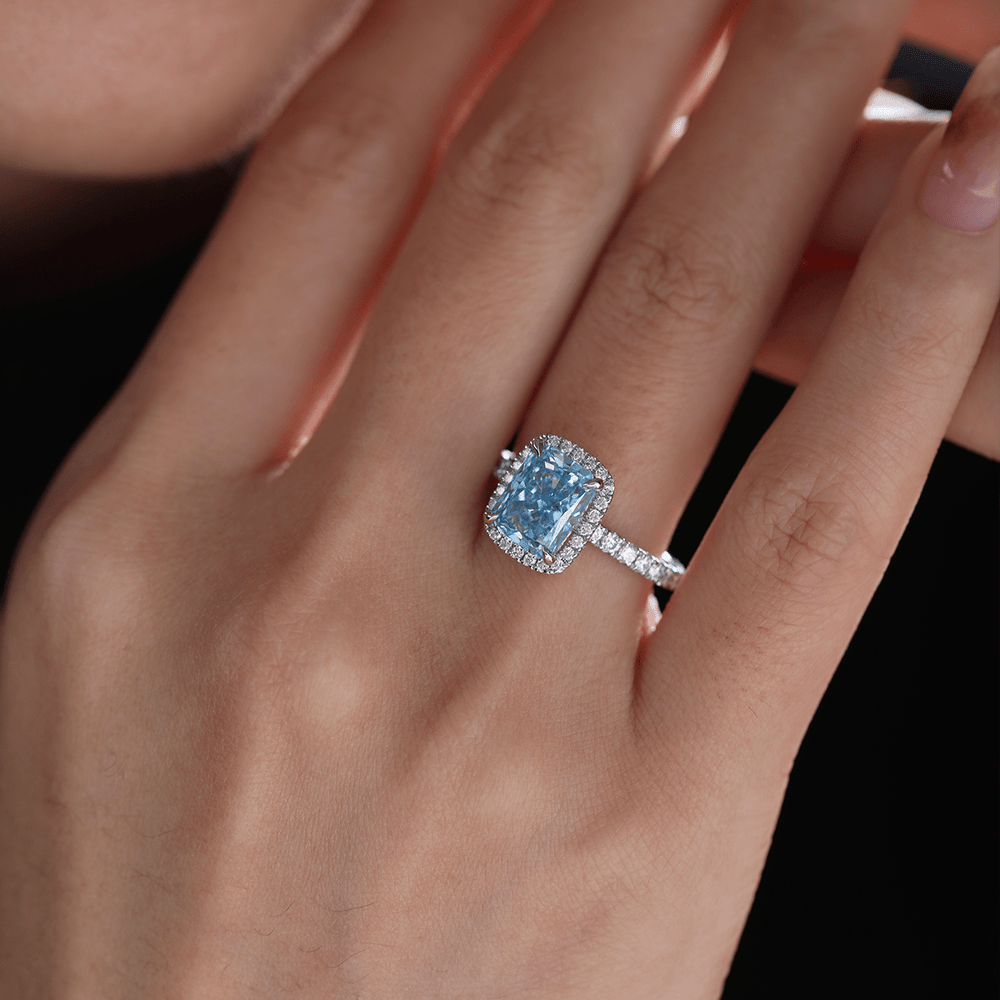 Blue Diamond Engagement Ring1.5CT Blue Lab DiamondLuxury Blue Diamond HaloRadiant Blue Diamond SolitaireWhite Gold Blue Diamond RingRare Blue Diamond Jewelry