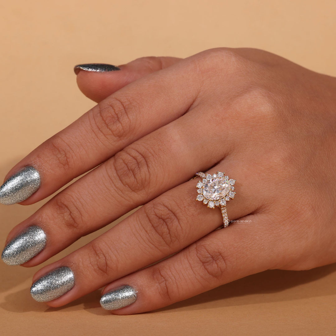 Oval Moissanite Engagement Ring
Floral Engagement Ring
Flower Halo Ring
Unique Oval Ring

