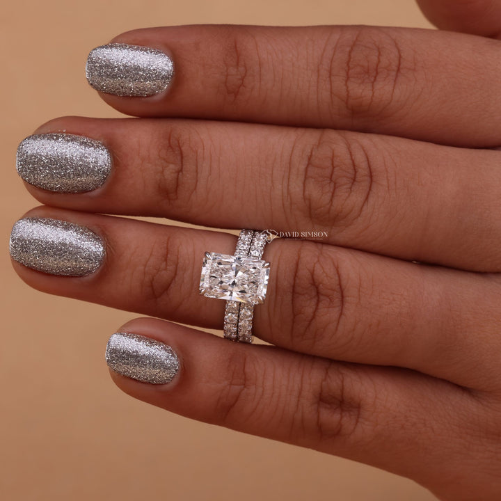 Radiant Cut Bridal Set
Moissanite Wedding Set
Radiant Cut Hidden Halo
Full Eternity Band
