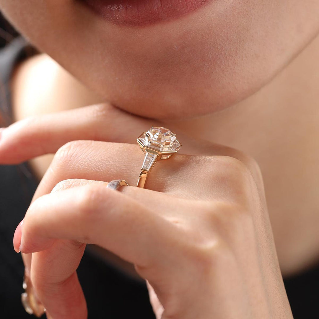 Art Deco Moissanite
Three Stone Engagement
Unique Hexagon Ring
Hexagon Diamond Halo
Modern Bridal Jewelry
Sustainable Luxury Ring
