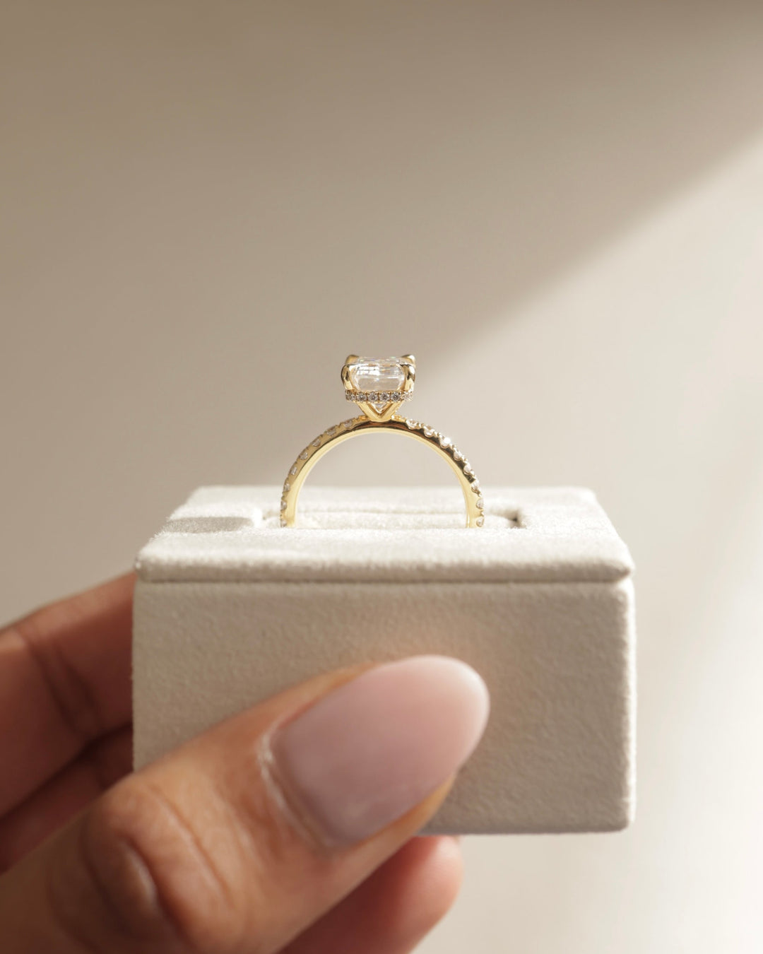 2.50 CT Emerald Cut Moissanite Hidden Halo &amp; Pave Engagement Ring