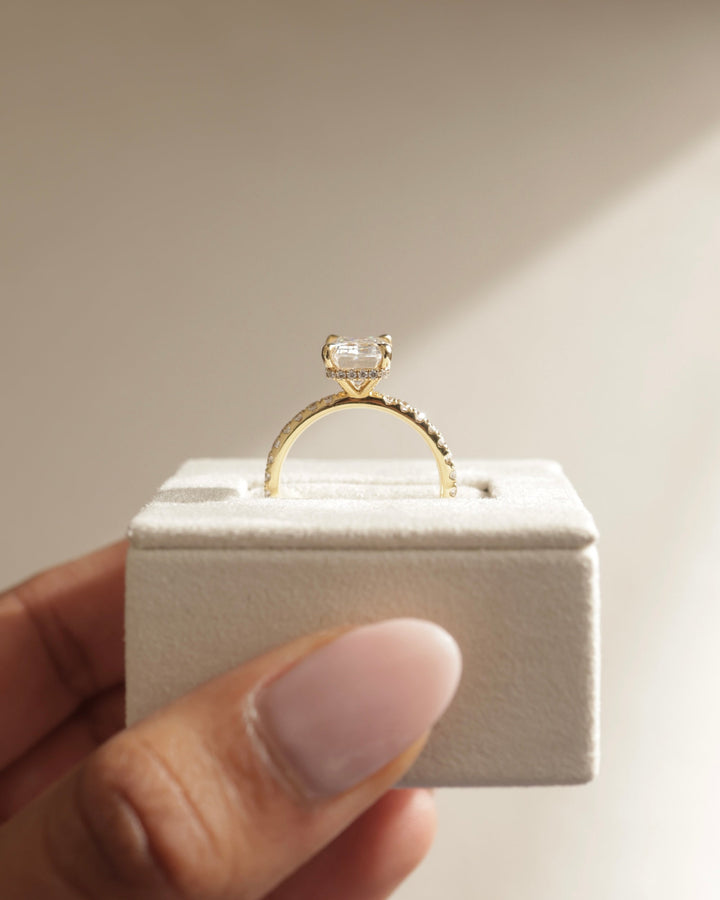 2.50 CT Emerald Cut Moissanite Hidden Halo &amp; Pave Engagement Ring