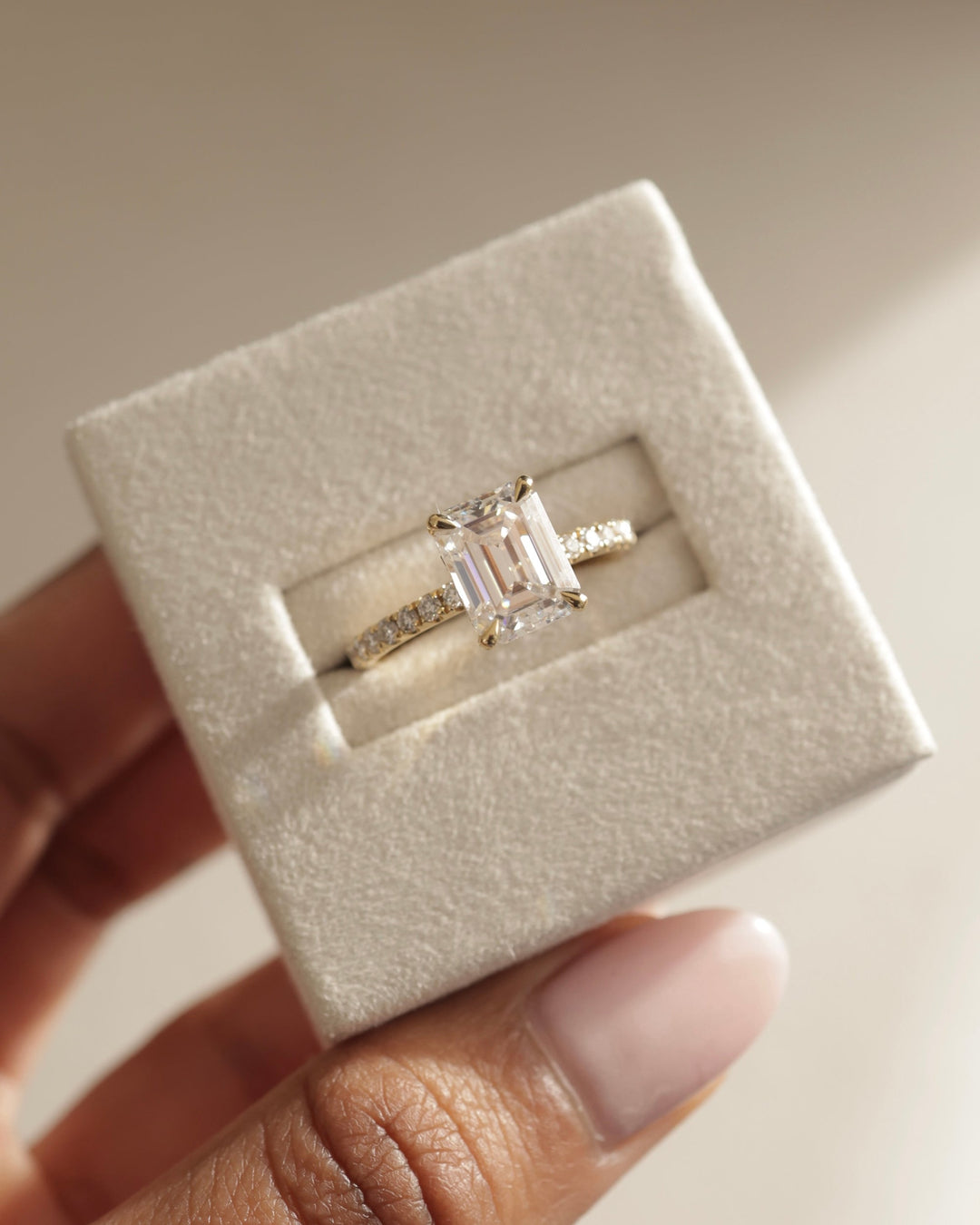 2.50 CT Emerald Cut Moissanite Hidden Halo &amp; Pave Engagement Ring