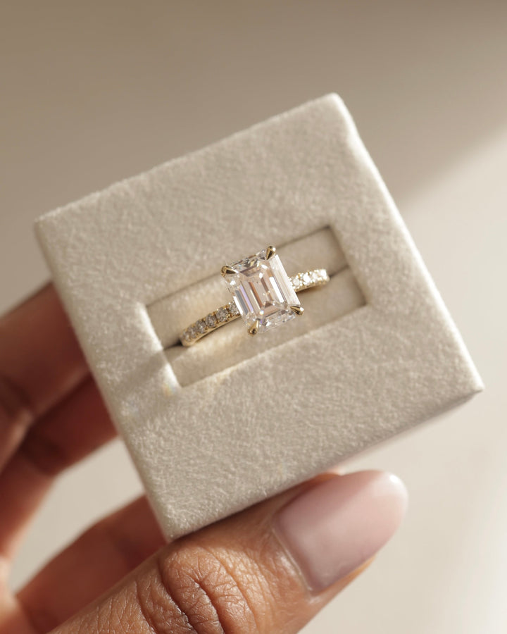 2.50 CT Emerald Cut Moissanite Hidden Halo &amp; Pave Engagement Ring